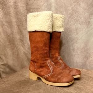 Vintage 60s Suede Leather Sherpa Lined Boots Calf High Lug Sole Tread Women's 4M